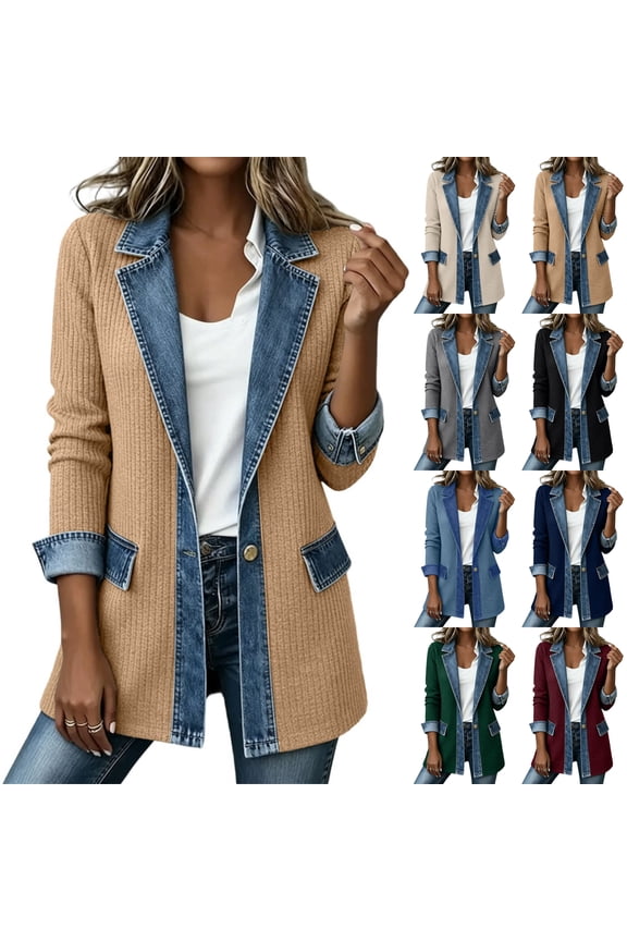 Women's Ribbed Knit Denim Trim Blazer Jacket, Long Sleeve Casual Jacket with Flap Pockets