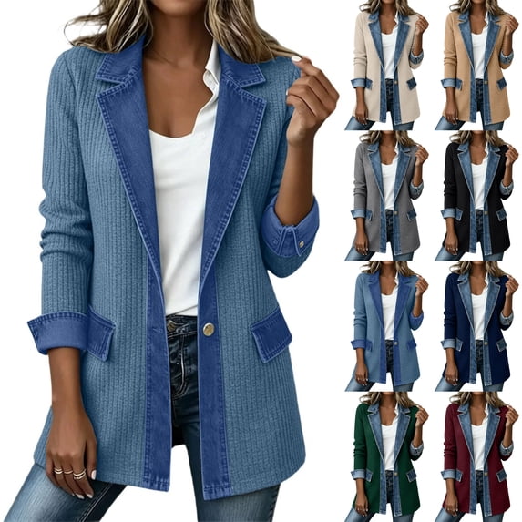Perfectbot Women's Ribbed Knit Denim Trim Blazer Jacket, Long Sleeve Casual Jacket with Flap Pockets