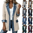 thumbnail image 1 of Perfectbot Women's Ribbed Knit Denim Trim Blazer Jacket, Long Sleeve Casual Jacket with Flap Pockets, 1 of 7