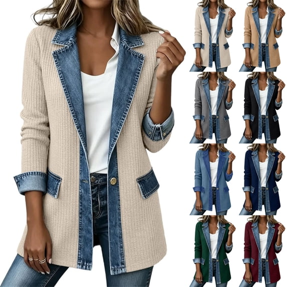 Perfectbot Women's Ribbed Knit Denim Trim Blazer Jacket, Long Sleeve Casual Jacket with Flap Pockets