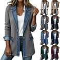 thumbnail image 1 of Perfectbot Women's Ribbed Knit Denim Trim Blazer Jacket, Long Sleeve Casual Jacket with Flap Pockets, 1 of 7