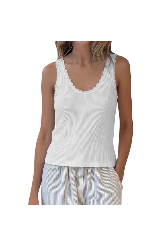 Women's Ribbed Knit Scallop Trim Tank Top V-Neck Sleeveless Casual Cami Fitted Summer Basic Top