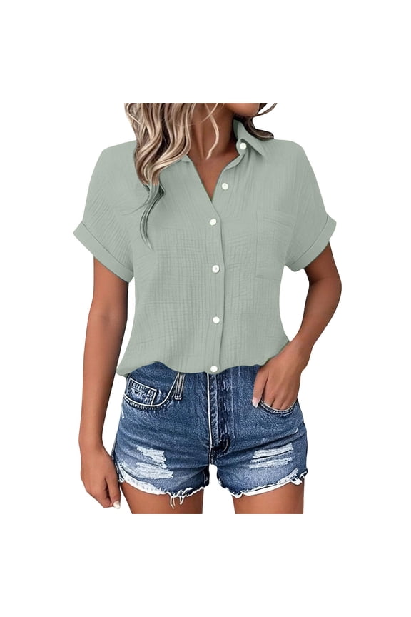 Women's Rolled Cuff Blouse Button Down Shirt, Short Sleeve Collared with Pocket Lightweight Cotton