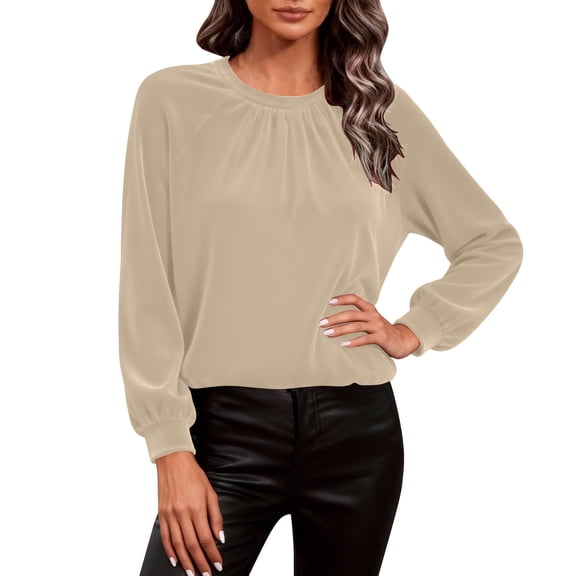 Perfectbot Women's Round Neck Velvet Blouse - Long Sleeve Relaxed Fit Ruched Dressy Casual Top