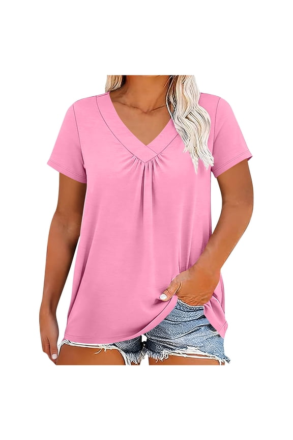 Women's Ruched V-Neck Short Sleeve T Shirt, Plus Size Lightweight Summer Tees, Sizes XL-5XL