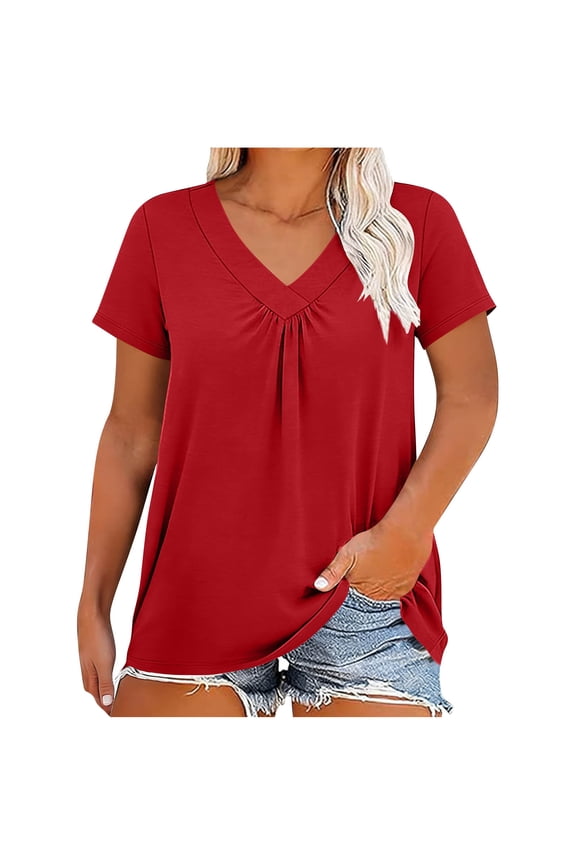 Women's Ruched V-Neck Short Sleeve T Shirt, Plus Size Lightweight Summer Tees, Sizes XL-5XL