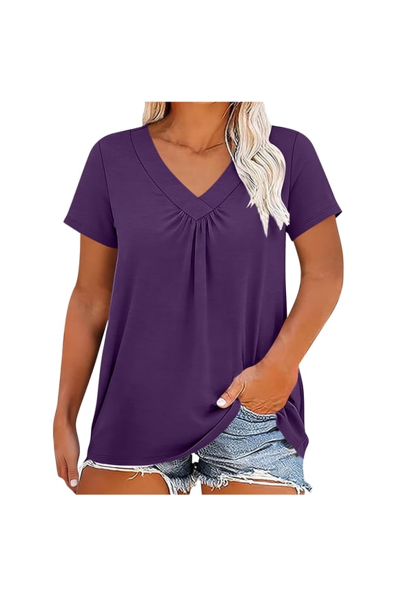Women's Ruched V-Neck Short Sleeve T Shirt, Plus Size Lightweight Summer Tees, Sizes XL-5XL