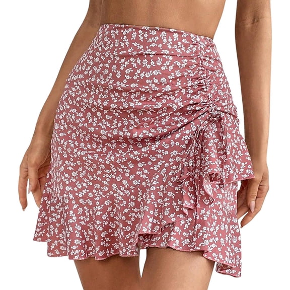 Perfectbot Women's Ruffle A-Line Mini Skirt - Floral Print Tiered Boho Flowy Summer Short Skirt