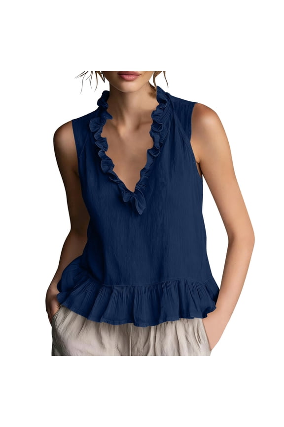 Women's Ruffle Trim Peplum Cami Tops, V Neck Sleeveless Casual Blouse, Breathable Summer Tank Top