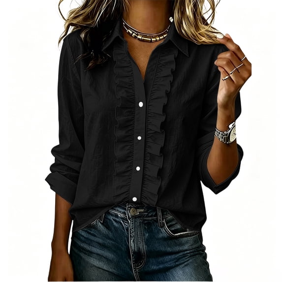 Perfectbot Women's Ruffled Front Button Down Shirt, Casual Long Sleeve Dressy Blouse, Relaxed Fit Solid Color