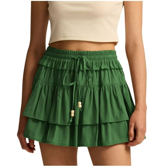 Perfectbot Women's Ruffled Tiered Mini Skirts Drawstring Elastic Waist Pleated Flowy Skirts