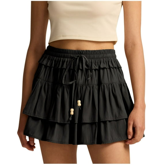 Perfectbot Women's Ruffled Tiered Mini Skirts Drawstring Elastic Waist Pleated Flowy Skirts
