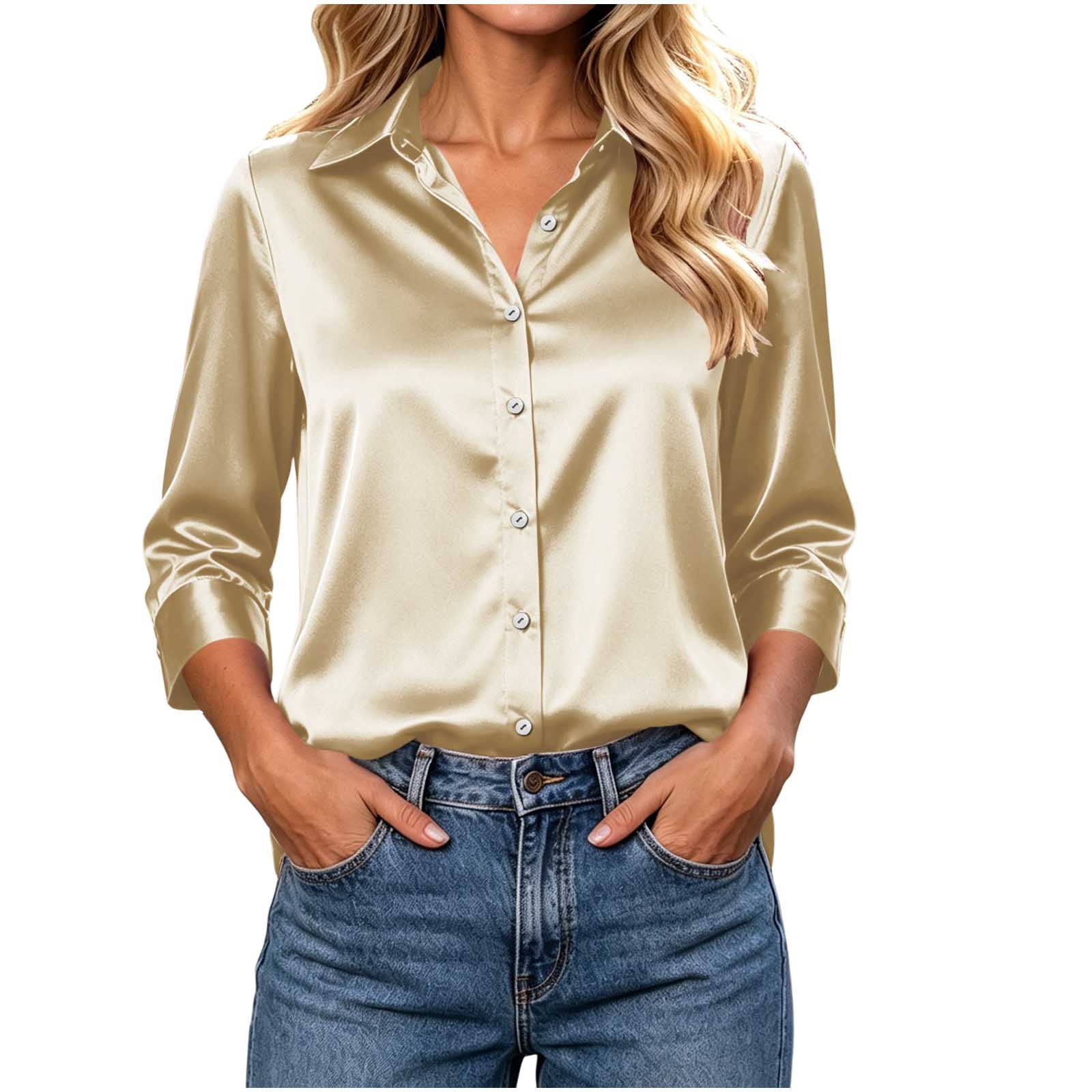 Perfectbot Women's Satin Button Down Shirt 3/4 Length Sleeve Collared ...