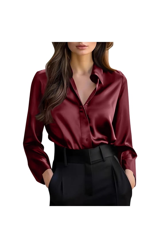 Women's Satin Button-Down Shirt, Long Sleeve Business Blouse for Casual and Office Wear