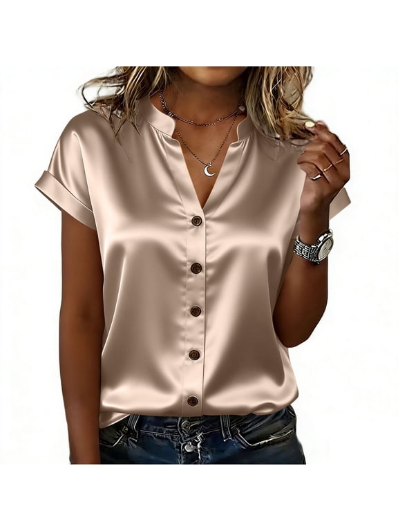 Women's Satin Collar Button Down Shirt, Short Sleeve Rolled Cuff V Neck Summer Silky Blouse
