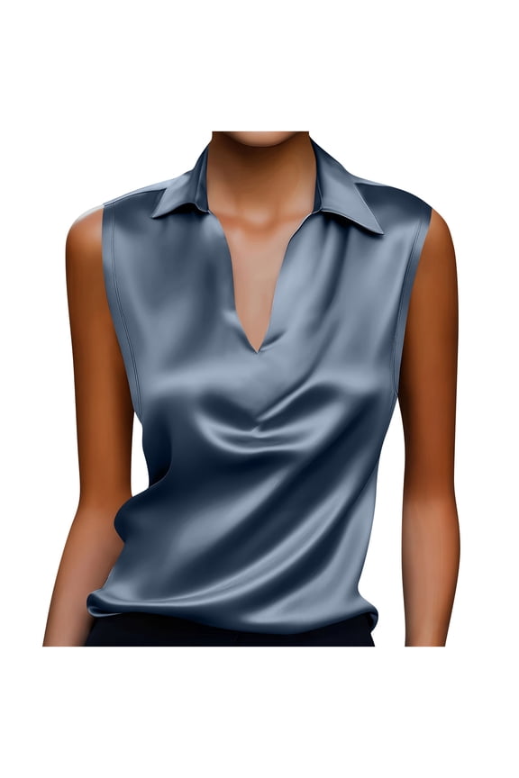 Women's Satin Tank Tops, Draped V Neck Collared Camisoles, Trendy Summer Casual Blouses