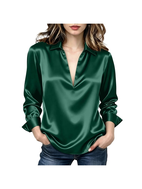 Women's Satin V-Neck Blouse, Loose Fit Collared Top with Flared Cuffs, Dressy Comfy Top