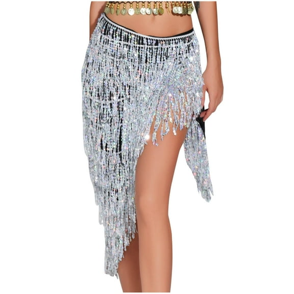 Perfectbot Women's Sequin Long Tassel Skirt - Glitter Fringed Sparkly Belly Dancing Festival Party Skirt