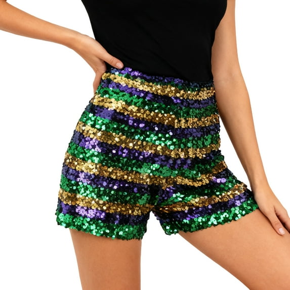 Perfectbot Women's Sequin Party Shorts, Sparkly Elastic Glitter Shorts for Carnival, Mardi Gras, Club Night Out