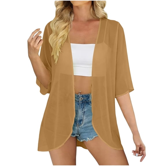 Perfectbot Women's Sheer Chiffon Open Front Cardigans Lightweight Elbow-Length Sleeve Kimono Summer Cover Ups