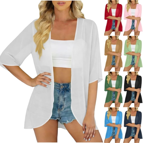 Perfectbot Women's Sheer Chiffon Open Front Cardigans Lightweight Elbow-Length Sleeve Kimono Summer Cover Ups