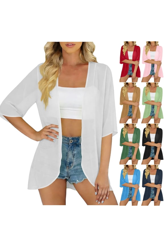 Women's Sheer Chiffon Open Front Cardigans Lightweight Elbow-Length Sleeve Kimono Summer Cover Ups
