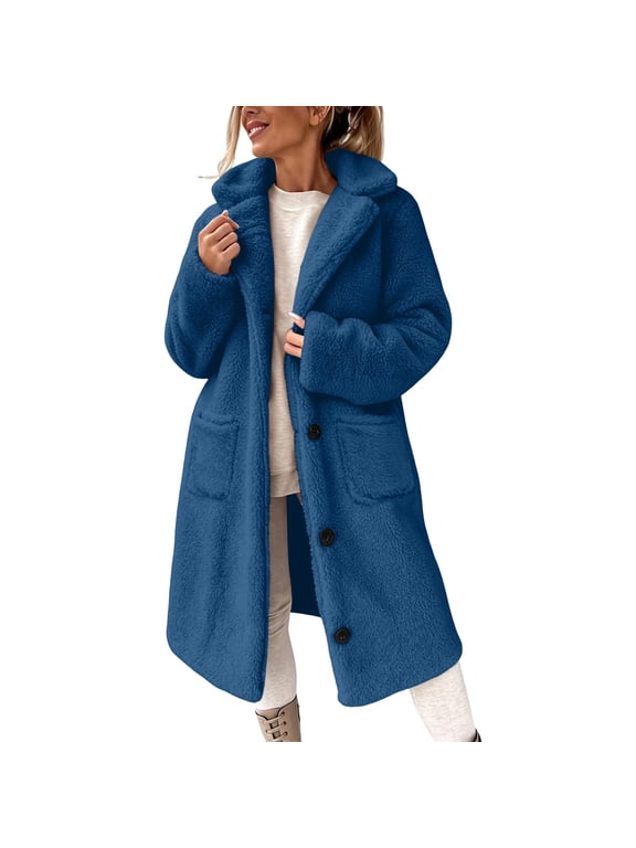 Women's Sherpa Fleece Coat Lapel Collar Long Sleeve Button Down Teddy Jacket Warm Winter Outerwear