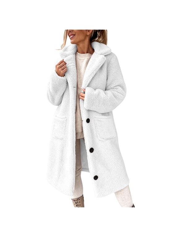 Women's Sherpa Fleece Coat Lapel Collar Long Sleeve Button Down Teddy Jacket Warm Winter Outerwear