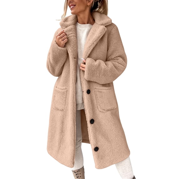Perfectbot Women's Sherpa Fleece Coat Lapel Collar Long Sleeve Button Down Teddy Jacket Warm Winter Outerwear