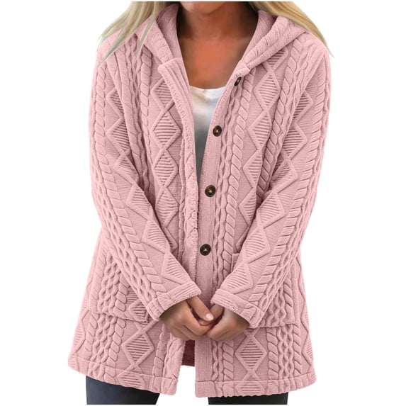 Perfectbot Women's Sherpa Hooded Coat, Button Down Chunky Cable Warm Winter Outerwear with Pockets