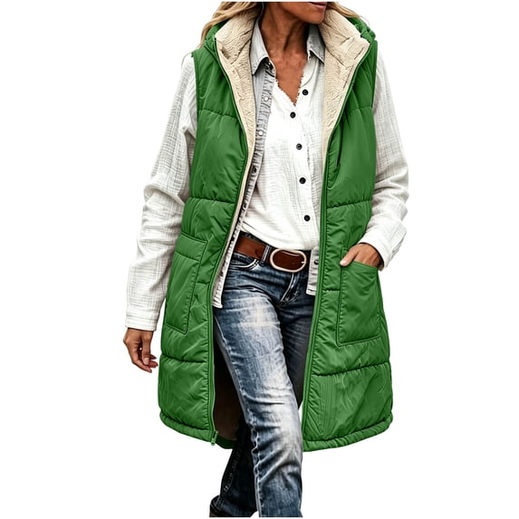 Perfectbot Women's Sherpa Lined Hooded Vest, Quilted Sleeveless Puffer Zip Up Jacket Warm Winter Outerwear
