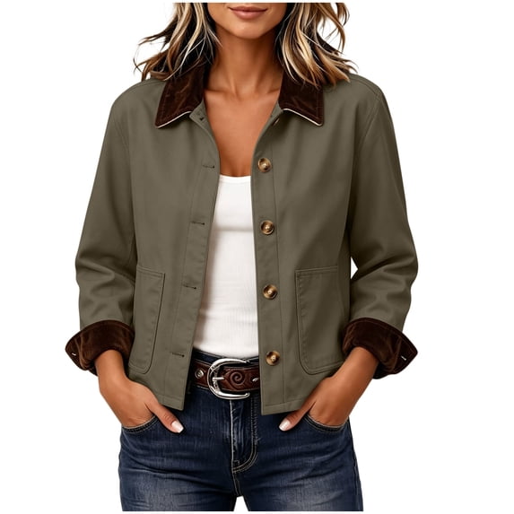 Perfectbot Women's Short Barn Jacket, Button Down Corduroy Collar Rolled Cuff Coat with Pockets