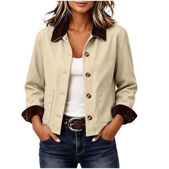 Perfectbot Women's Short Barn Jacket, Button Down Corduroy Collar Rolled Cuff Coat with Pockets