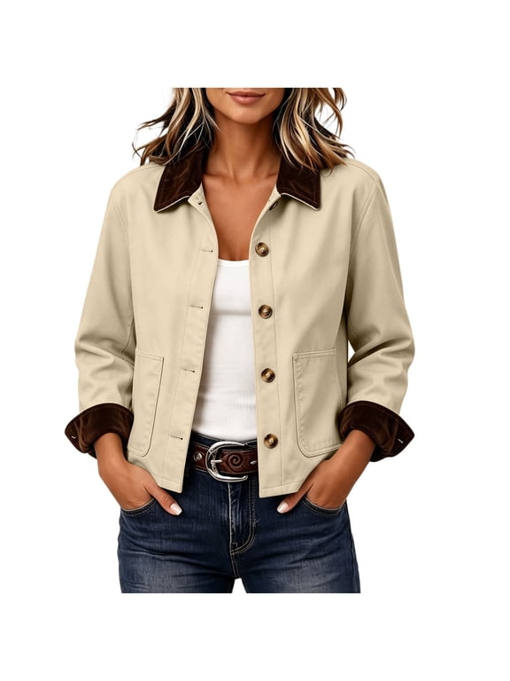 Women's Short Barn Jacket, Button Down Corduroy Collar Rolled Cuff Coat with Pockets