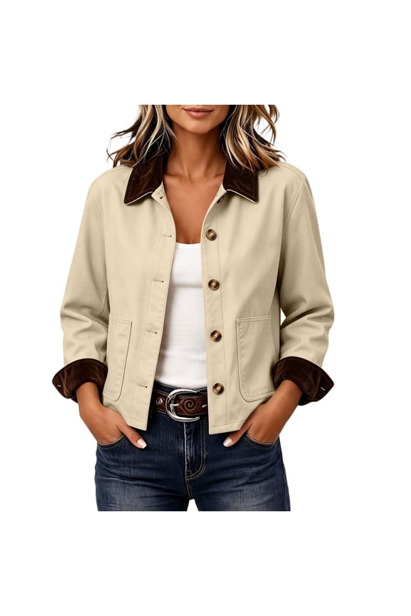 Women's Short Barn Jacket, Button Down Corduroy Collar Rolled Cuff Coat with Pockets