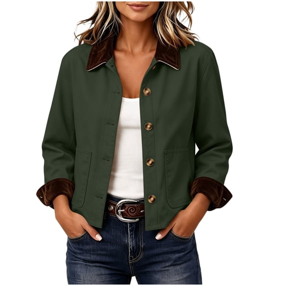 Perfectbot Women's Short Barn Jacket, Button Down Corduroy Collar Rolled Cuff Coat with Pockets