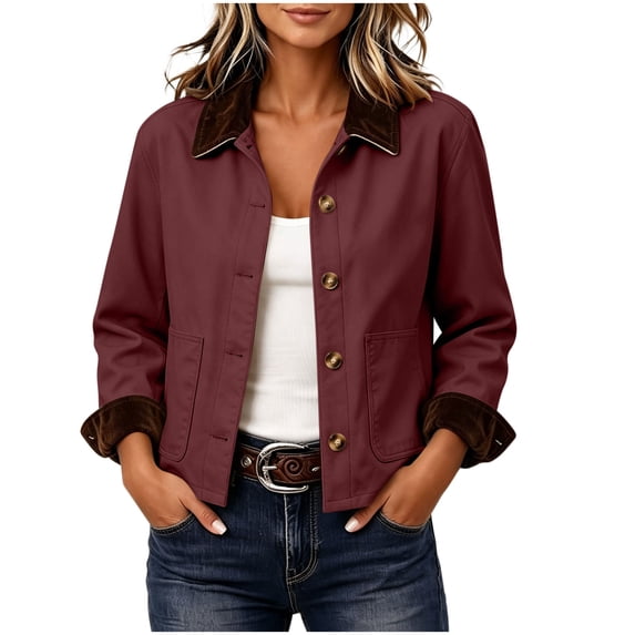 Perfectbot Women's Short Barn Jacket, Button Down Corduroy Collar Rolled Cuff Coat with Pockets