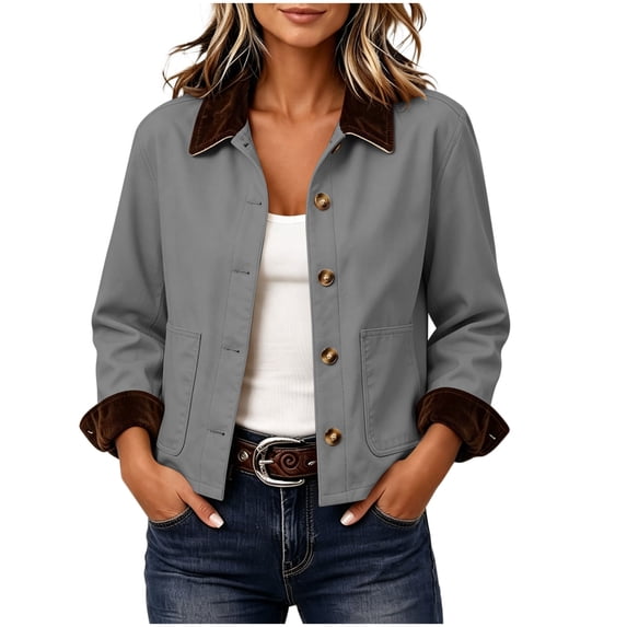 Perfectbot Women's Short Barn Jacket, Button Down Corduroy Collar Rolled Cuff Coat with Pockets