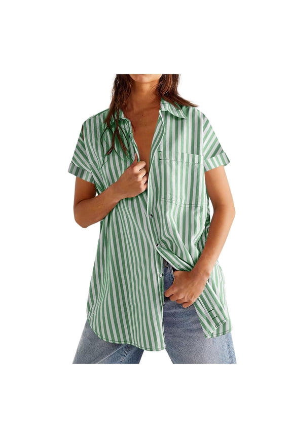 Women's Short Sleeve Button Down Blouse, Loose Fit Vertical Striped Tunic Shirt for Daily & Vacation