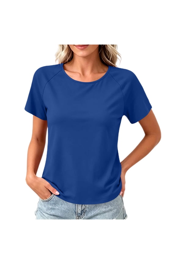 Women's Short Sleeve Cross-Back T-Shirt, Casual Round Neck Raglan Sleeve Tee for Everyday & Active Wear