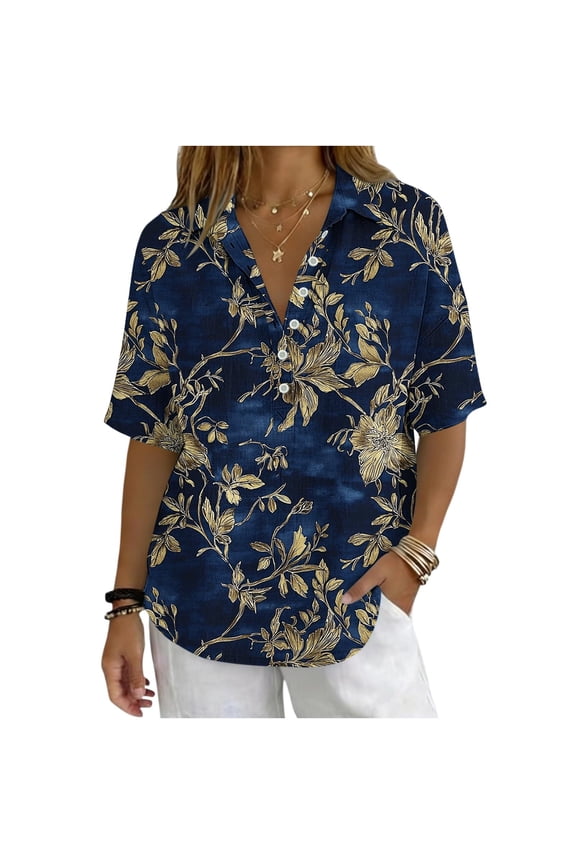 Women's Short Sleeve Henley Shirt, Cotton Floral Print Collared Button Blouse Summer Daily Wear