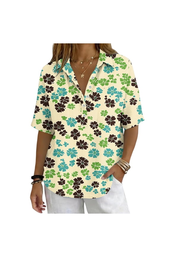 Women's Short Sleeve Henley Shirt, Cotton Flower Print Collared Button Blouse Summer Daily Wear