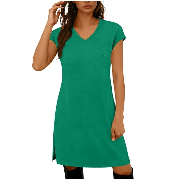 Perfectbot Women's Short Sleeve V-Neck T-Shirt Dress, Solid Color Casual Mini Dress with Side Slit