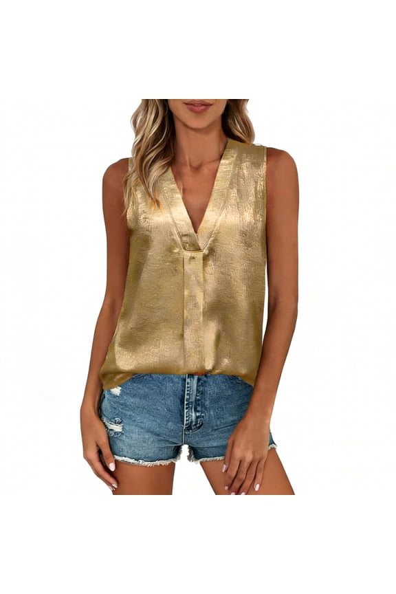 Women's Sleeveless Tops - V-Neck Sparkle Metallic Tank Blouse for Dressy & Party