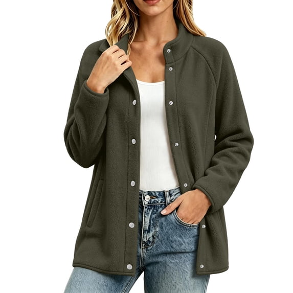 Perfectbot Women's Snap Button Fleece Jacket Stand Collar Long Sleeve Warm Outdoor Coat with Pockets