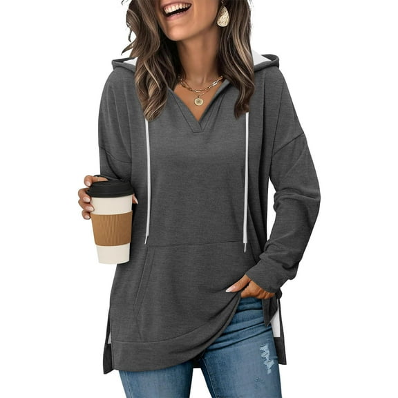 Perfectbot Women's Split Hem Hoodie with Drawstring & Pockets - Oversized Casual Long Sleeve Sweatshirt