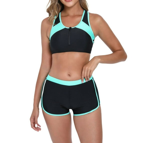 Perfectbot Women's Sporty Bikini Set, Color Block Two-Piece Swimsuit with High Waisted Boyshorts