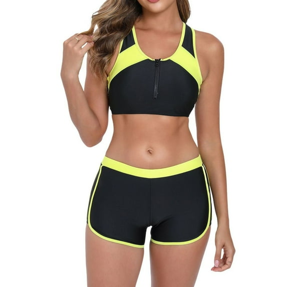 Perfectbot Women's Sporty Bikini Set, Color Block Two-Piece Swimsuit with High Waisted Boyshorts