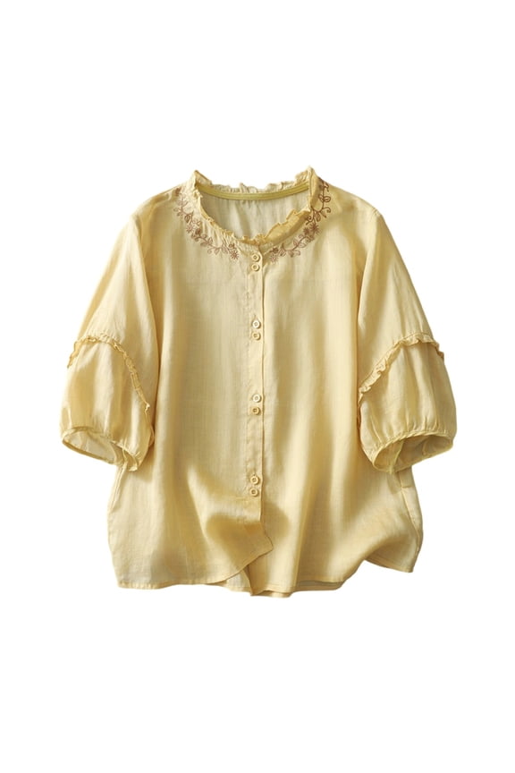Women's Spring Summer Blouse Cotton Linen Button Up Half Sleeve Loose Embroidered Tops