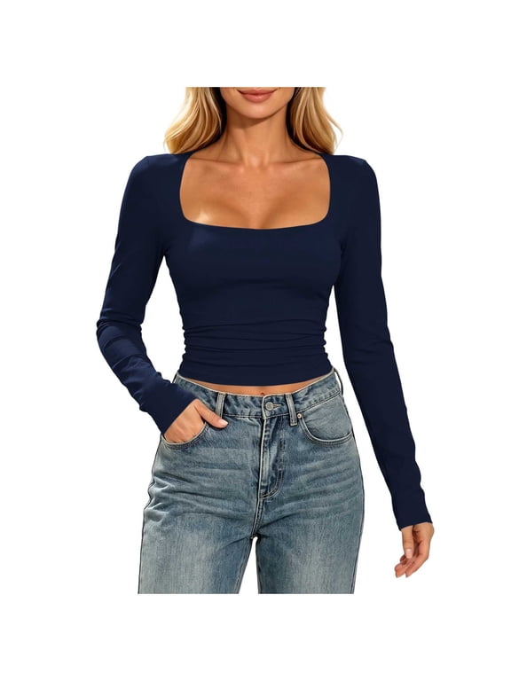 Women's Square Neck Fitted T-Shirt Long Sleeve Crop Ruched Waist Stretchable Basic Tee Shirt